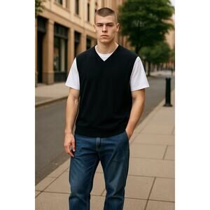 Windsor Lake Vest Black Ribbed SZ LG V-Neck Silk Cotton Blend Cable Tight Knit